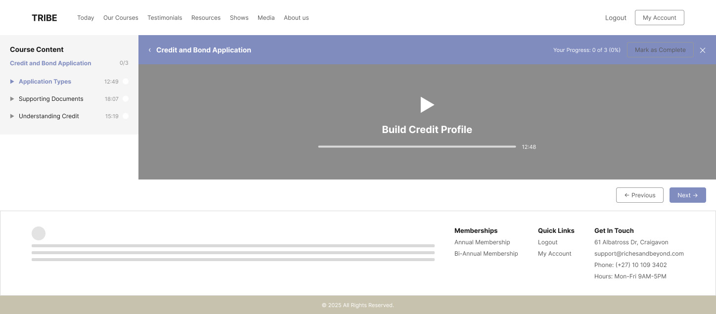 Low-fidelity wireframe of the in-course video lesson player, showing the lesson list sidebar and video progress.